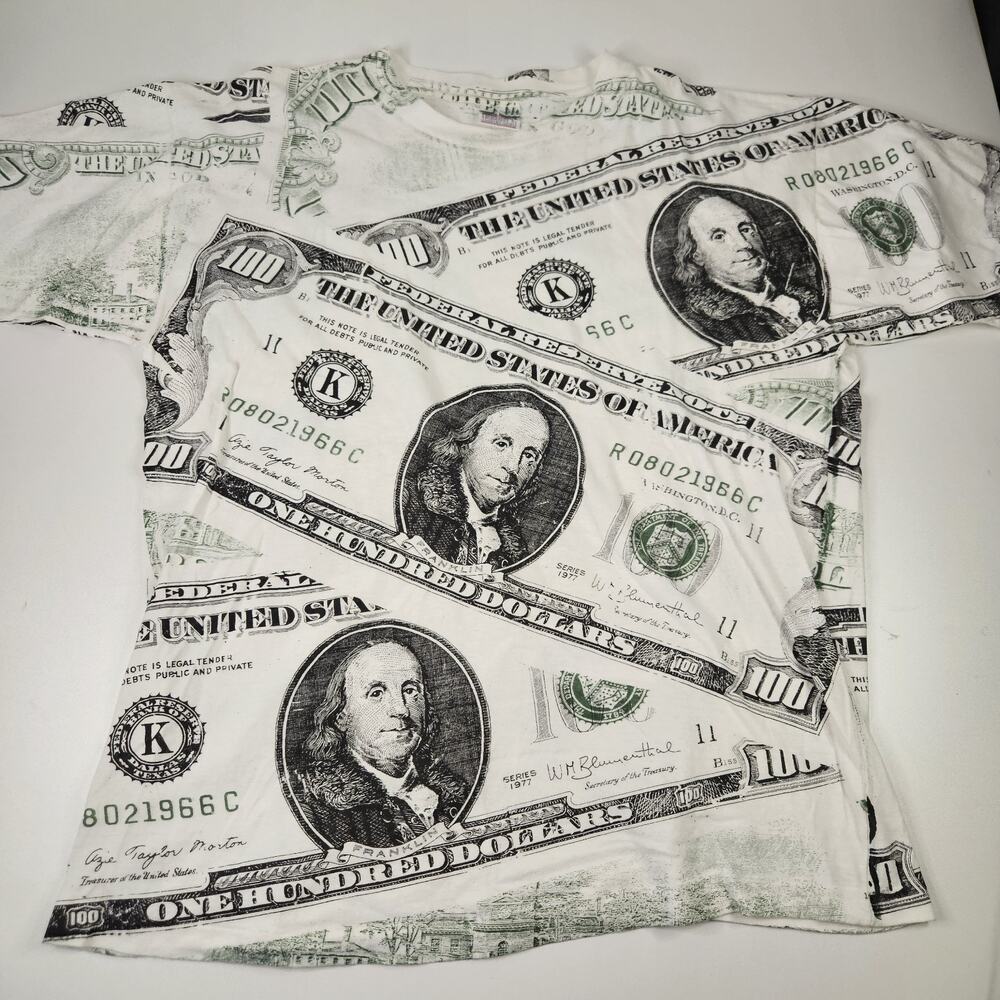 Vintage 90s 100 Dollar Bill T Shirt Overprint Graphic Print 100% Cotton Tee XL